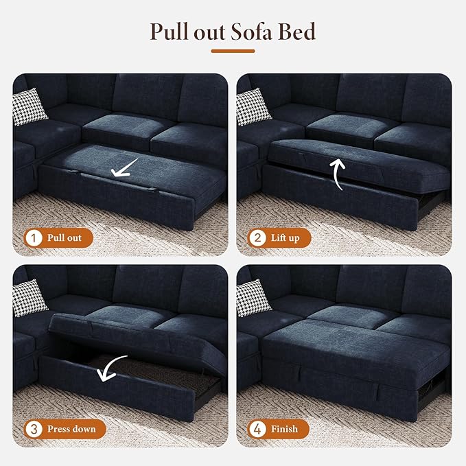 Vesgantti 113.6" Pull Out Sofa Bed with Chaise, 7 Seater U Shaped Sleeper Sofa with Storage Chaise, Comfy Chenille Modular Sectional Couch for Living Room, Bedroom, Apartment, Blue