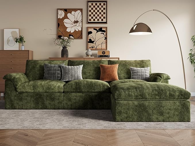 EASE MOOSE Oversized Sectional Cloud Couch for Living Room, L-Shape Modular Boneless Sofa, Cloud Sofa Set with Fluffy Foam, 4-Seat Deep Comfy Sofa with Ottoman for Bedroom Apartment, Chenille (Green)
