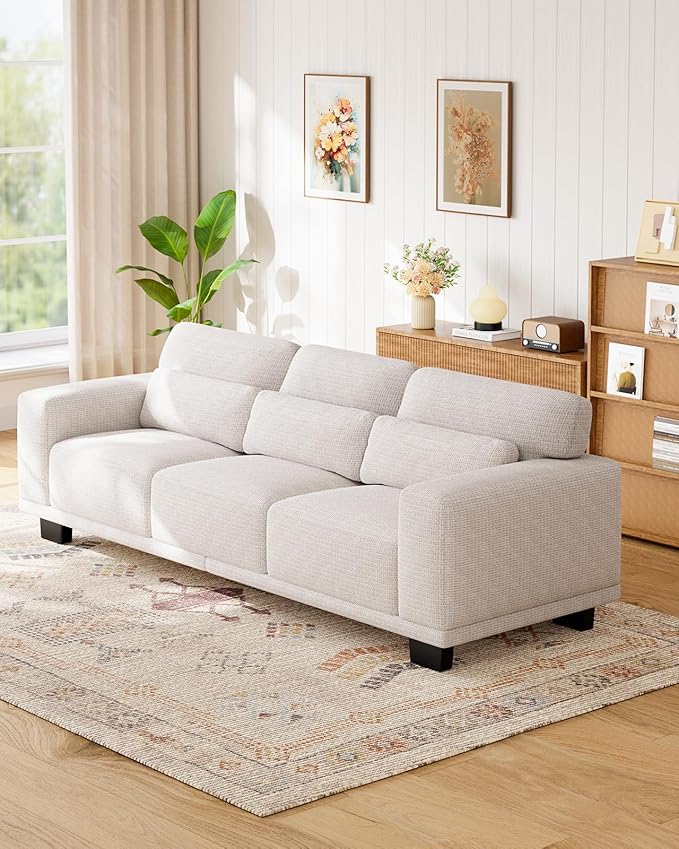 Marsail Modern 89 Inch Linen Fabric Sofa, 3-Seater Couch with Wide Armrests, Deep Cushions & Removable Washable Covers, Comfortable Living Room Furniture, Beige