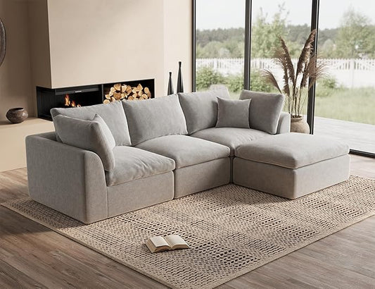 110" Cloud Sectional Couches for Living Room, Boneless L-Shape Couch with Ottoman, 3 Seater Modular Sectional Sofa, Light Grey