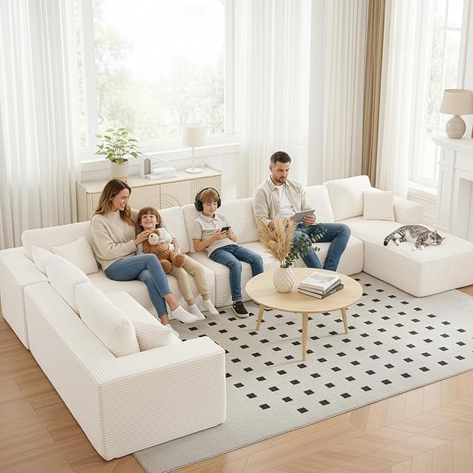 Modular Sectional Cloud Couch for Living Room,Modern Boneless Couche Set with Plush Corduroy,Comfy Floor Sofa with Memory Foam,Stupendous U Shaped Sofa with Chaise,No Assembly Required,Beige