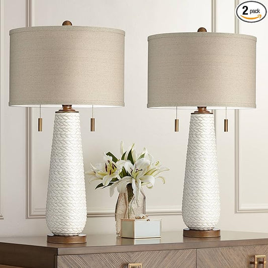 Possini Euro Design Kingston Mid Century Modern Table Lamps 32 3/4" Tall Set of 2 White Textured Ceramic Taupe Drum Shade Decor for Bedroom Living Family Room Bedside Nightstand House Home Office