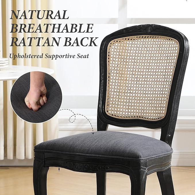 Wicker Dining Chairs Set of 4, Upholstered Linen Fabric Dining Room Chairs with Square High Rattan Back Farmhouse French Kitchen Chairs for Dining Table/Living Room/Restaurant, Black