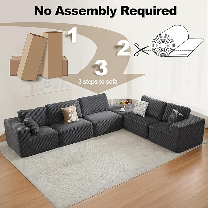 Cloud Modular Sectional Sofa Couch,L-Shape Modern Boneless Sectional Couch with Deep Seat,Upholstered Couches for Living Room Bedroom,No Assembly Required,Grey