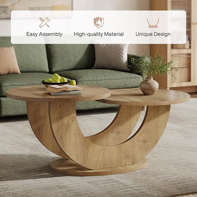 Tribesigns 46-inch Round Coffee Table, Modern Living Room Coffee Table with Funky U-Shaped Frame, Low Accent Center Tea Table for Home, Apartment, Oak