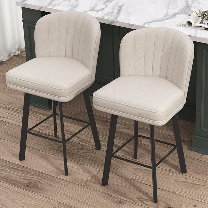 Swivel Counter Height Bar Stools Set of 4, 26'' Modern Barstools with Backs and Metal Legs, Upholstered Bar Chairs, Beige, Fabric Stools for Kitchen Island Chairs