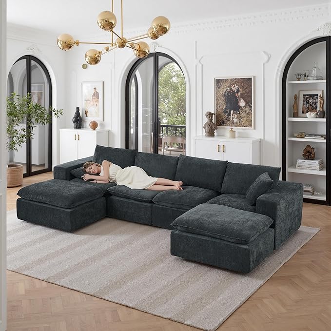 108" Sectional Couches for Living Room Boneless Couch Upholstered Cloud Couch Sectional Modular Sectional Sofa with L Shaped (Chenille-Blue, 4 Seat+2 Ottoman)