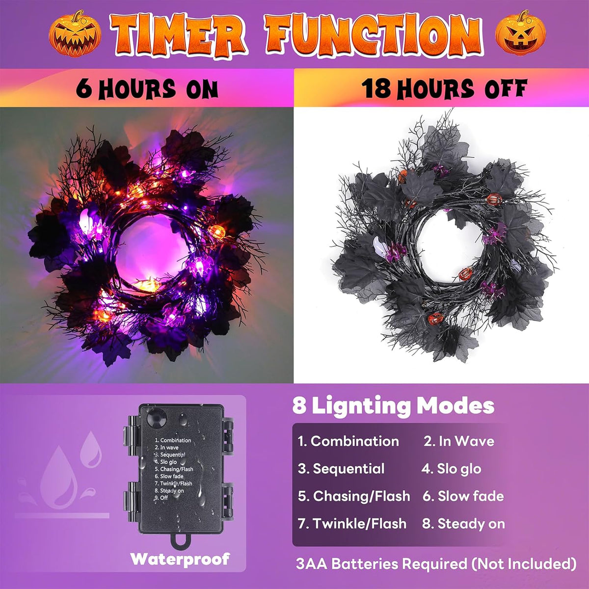 kuaima Halloween Lighted Willow Vine Twig Decor, 6.56 FT Light up Garland with Purple and Orange LED Lights for Indoor Outdoor Decor, 8 Modes, 18 Ornaments, 4 Adhesive Hooks