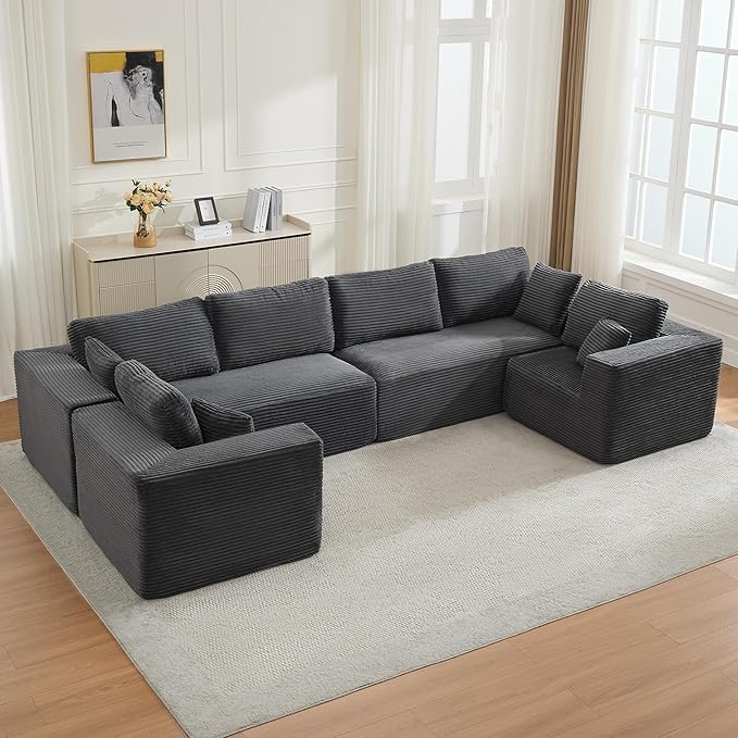 Modular Sectional Cloud Couch for Living Room,Modern Boneless Couche Set with Plush Corduroy,Comfy Floor Sofa with Memory Foam,Stupendous U Shaped Sofa,No Assembly Required,Grey