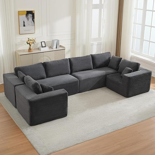 Modular Sectional Cloud Couch for Living Room,Modern Boneless Couche Set with Plush Corduroy,Comfy Floor Sofa with Memory Foam,Stupendous U Shaped Sofa,No Assembly Required,Grey