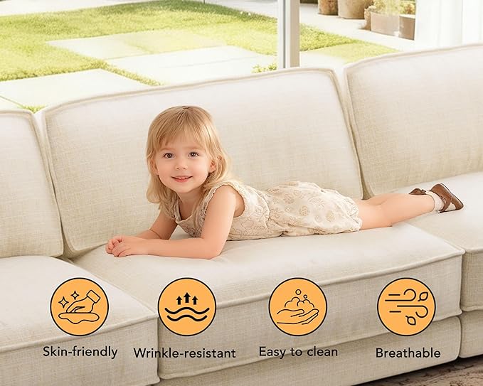 Sunny Heart 120" L-Shaped Modular Sectional Sofa, Oversized Cloud Couch with Movable Ottoman, 4-Seat Chenille Deep Seat Sofa with Pillow, Sectional Couches for Living Room, Apartment, Beige