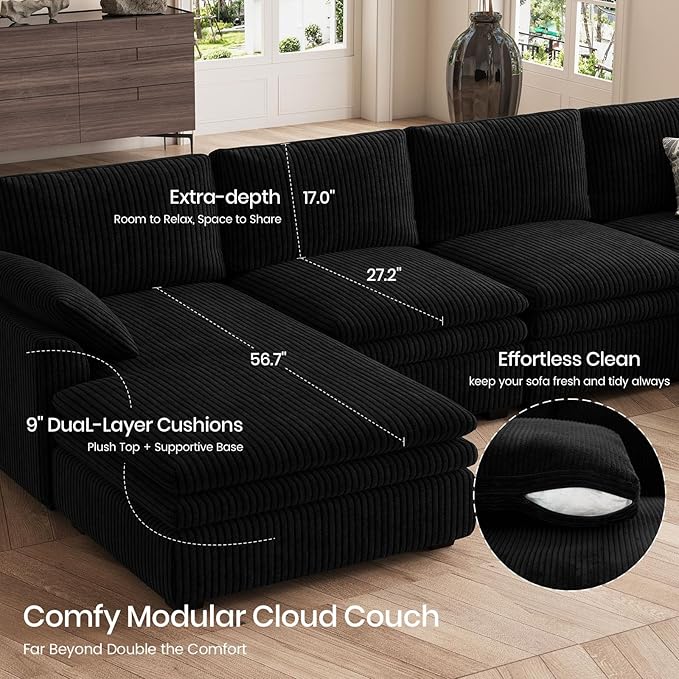 Belffin Large Modular Sectional Sofa with Double 61" Loveseat, Corduroy Corner Couch with 9" Soft Dual-Layer Seats Cushion for Living Room, Apartment, Small Sapce, Black