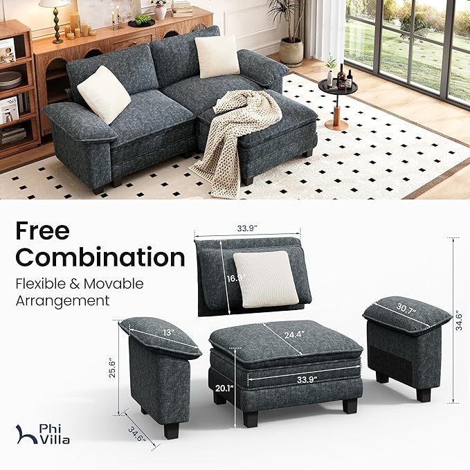 PHI VILLA Cloud Modular Couches Sets, 87.5" Sectional Loveseat Sofa with 1 Movable Ottoman, 3-Seater Comfy Couches for Living Room Apartment, Chenille Fabric, Dark Cyan