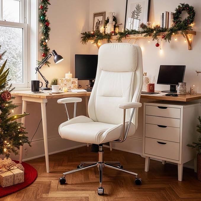 High Back Office Desk Chair,Ergonomic Reclining Office Chair,Modern Swivel Computer Chair,Conference Room Chairs,Cream White Leather Chair with Lumbar Support,330lbs