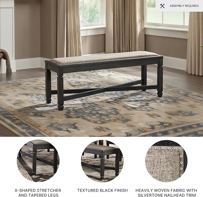 Signature Design by Ashley Tyler Creek Farmhouse Upholstered Dining Room Bench with Tapered Legs, Heavy Woven Fabric, Wood, 19.5" High Seat, Black & Gray