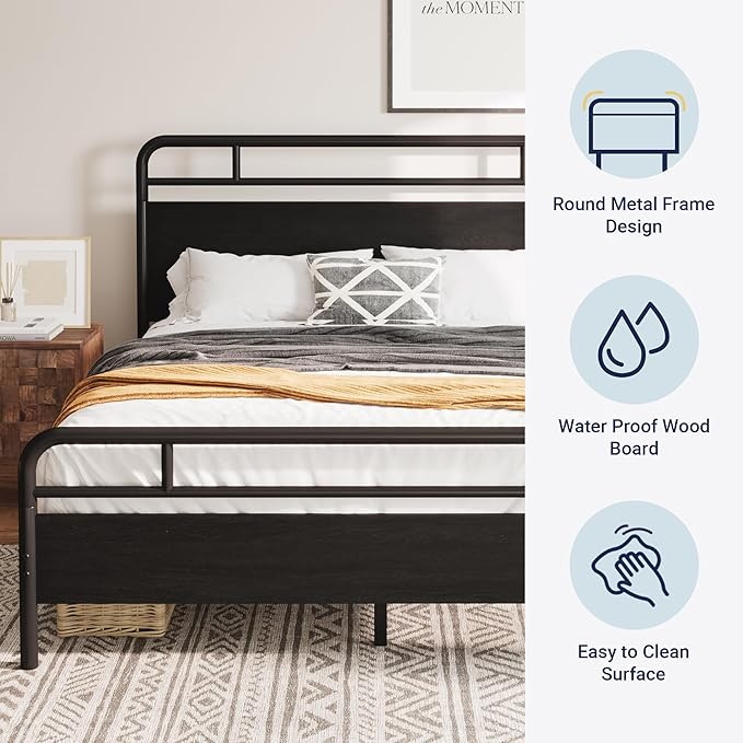 Allewie Queen Size Platform Bed Frame with Wooden Headboard and Footboard, Heavy Duty 13 Metal Slats Support, Under-Bed Storage, No Box Spring Needed, Noise Free, Easy Assembly, Black Oak