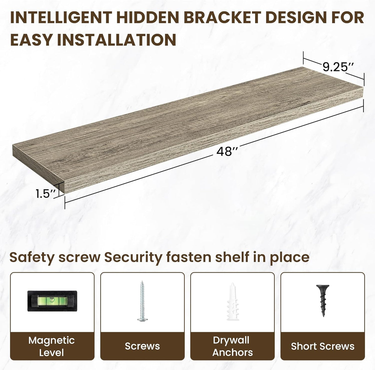48 Inch Floating Shelves, 12 Inch Deep Floating Shelves for Wall, Floating Shelf with Invisible Brackets, 12 inch Deep Wall Shelves for Bathroom, Bedroom, Living Room, Vintage Gray Oak