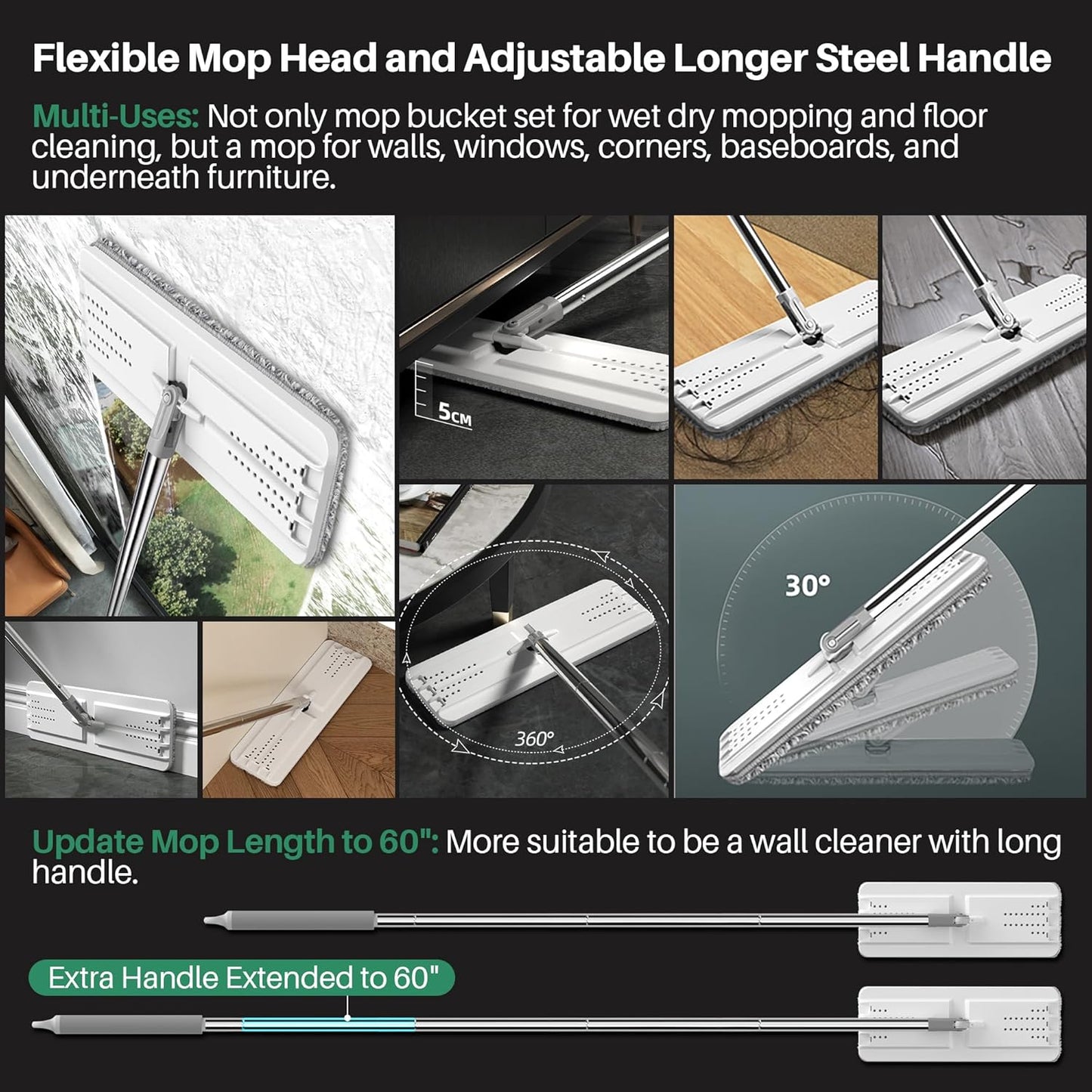 JOYMOOP Mop and Bucket with Wringer Set, White Flat Squeeze Mop Bucket Set for Floor Cleaning, Wet Dry Mops for Walls, Wall Cleaner with Long Handle, Hardwood Floor Mop-5 Microfiber Cloths