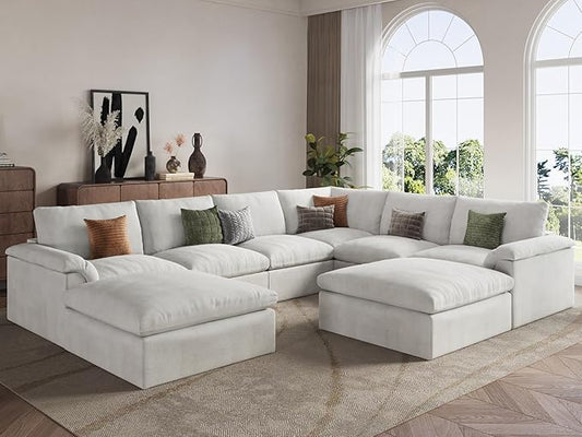 EASE MOOSE Oversized Sectional Cloud Couch-8-Seat, Corner V-Shaped Deep-Seat Modular Boneless Sofa, No-Assembly Chenille Sofa for Living Room, White