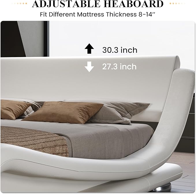 SHA CERLIN Queen Size Upholstered Bed Frame, Deluxe Low Profile Sleigh Bed with Faux Leather Ergonomics Headboard, No Box Spring Needed & Easy Assembly, White