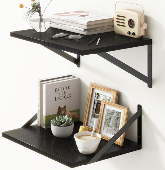 Fun Memories Deep Floating Shelves for Wall, 12 Inch Deep Black Floating Shelves Set of 2, 16" W x 12" D Wall Shelf, Wide Display Ledges Shelves for Bedroom, Bathroom, 12 Deep Bookshelf Wall Mounted