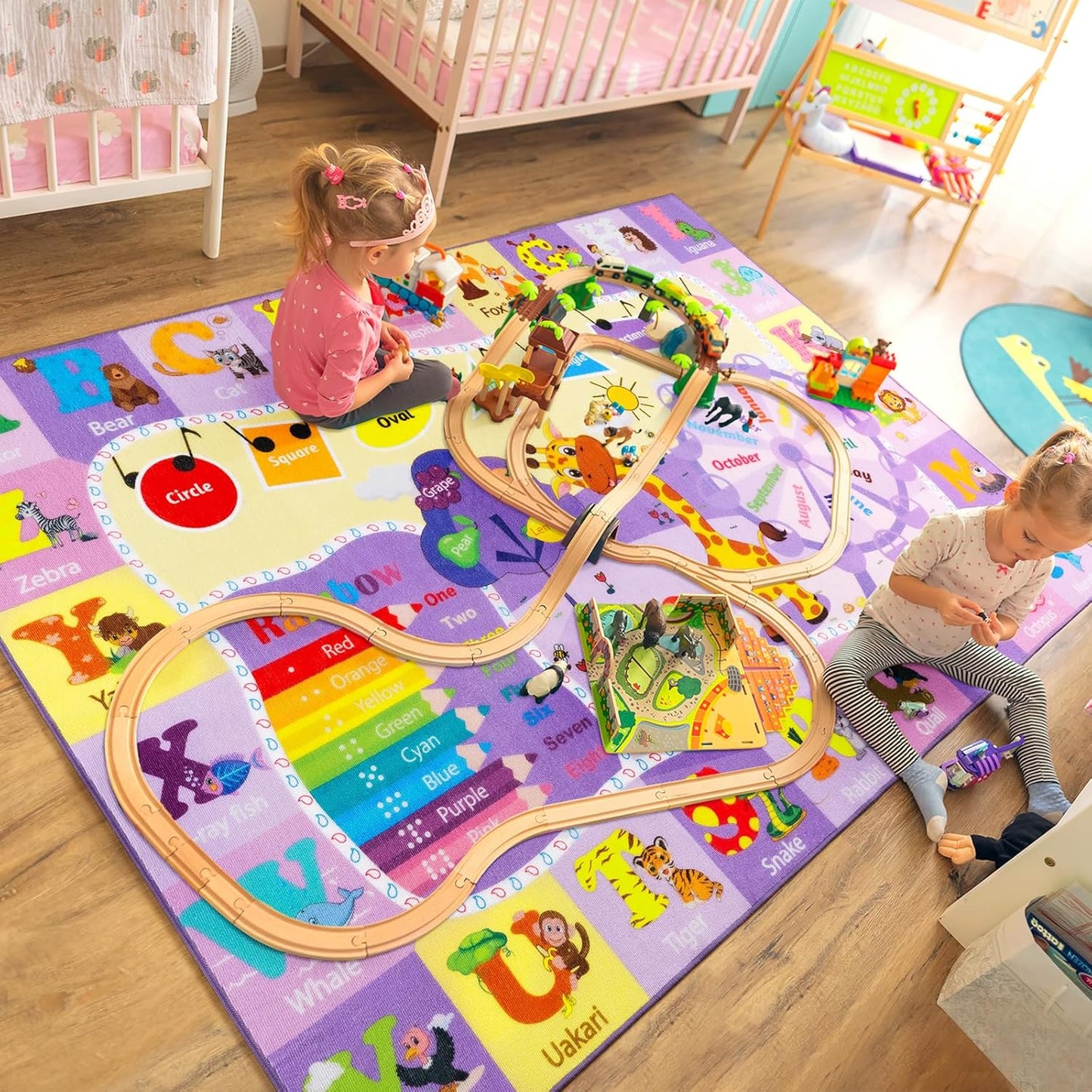 Kids Rugs for Playroom Bedroom Classroom Nursery, Non-Slip and Washable Rugs for Children Toddlers Girls, Educational and Fun Rug Carpets with ABC Alphabet Animals Shapes, 3x5, Purple