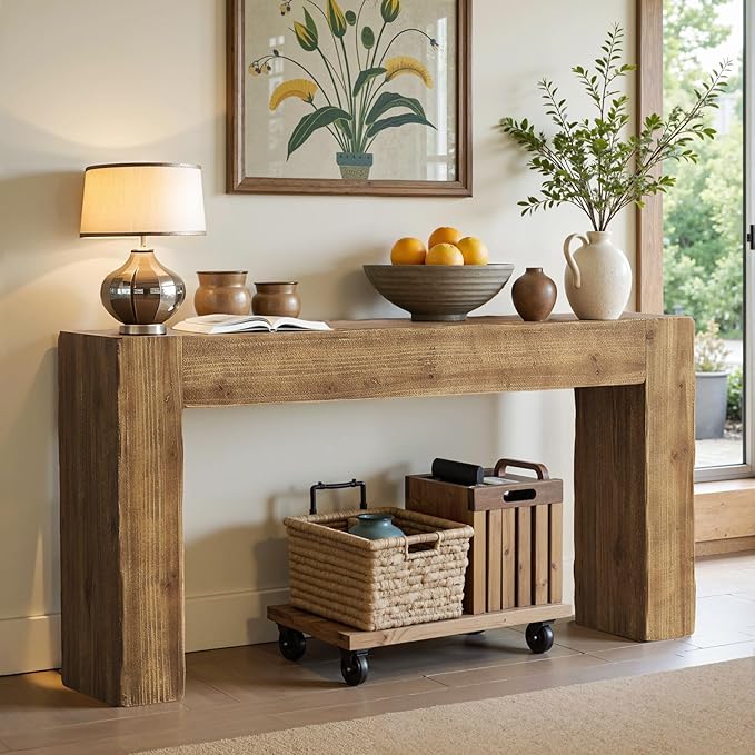 Tribesigns Title 63-Inch Solid Wood Console Sofa Table, Farmhouse Long Entryway Table Behind Couch for Living Room, Entrance, Hallway, Foyer, Easy Assembly (Light Brown)