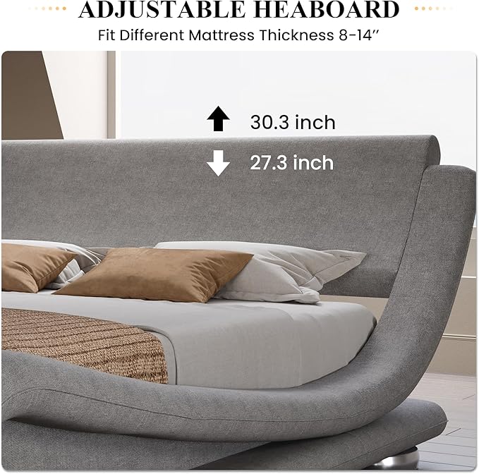 SHA CERLIN Full Size Upholstered Bed Frame, Deluxe Low Profile Sleigh Bed with Linen Ergonomics Headboard, No Box Spring Needed & Easy Assembly, Grey