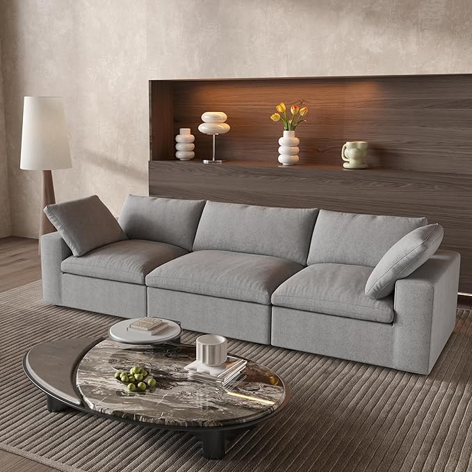 Cloud Modular Sectional Sofa,120" Down Filled Comfort Sofa Couch for Living Room,3 Seater Couches for Livingroon Apartment,Sofa Cover Washable and Replaceable,Grey
