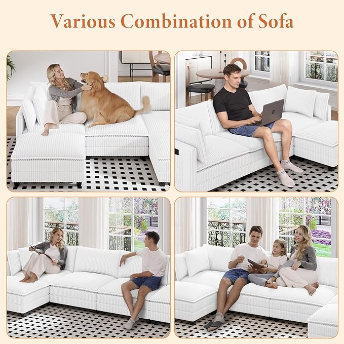 Vesgantti 109" U Shaped Cloud Sectional Sofa, Comfy Corduroy Upholstered Sectional Modular Sofas for Living Room, Modern Modular Couch with 2 Ottoman Deep Seat, Warm White