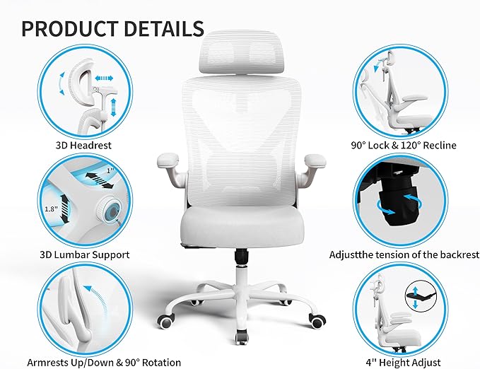 White Ergonomic Office Chair: Mesh Desk Chair Comfy with Adjustable Lumbar Support 400lbs High Back Computer Gaming Chair - Big and Tall Office Chairs with Extra Wide Seat-Adults Home Office