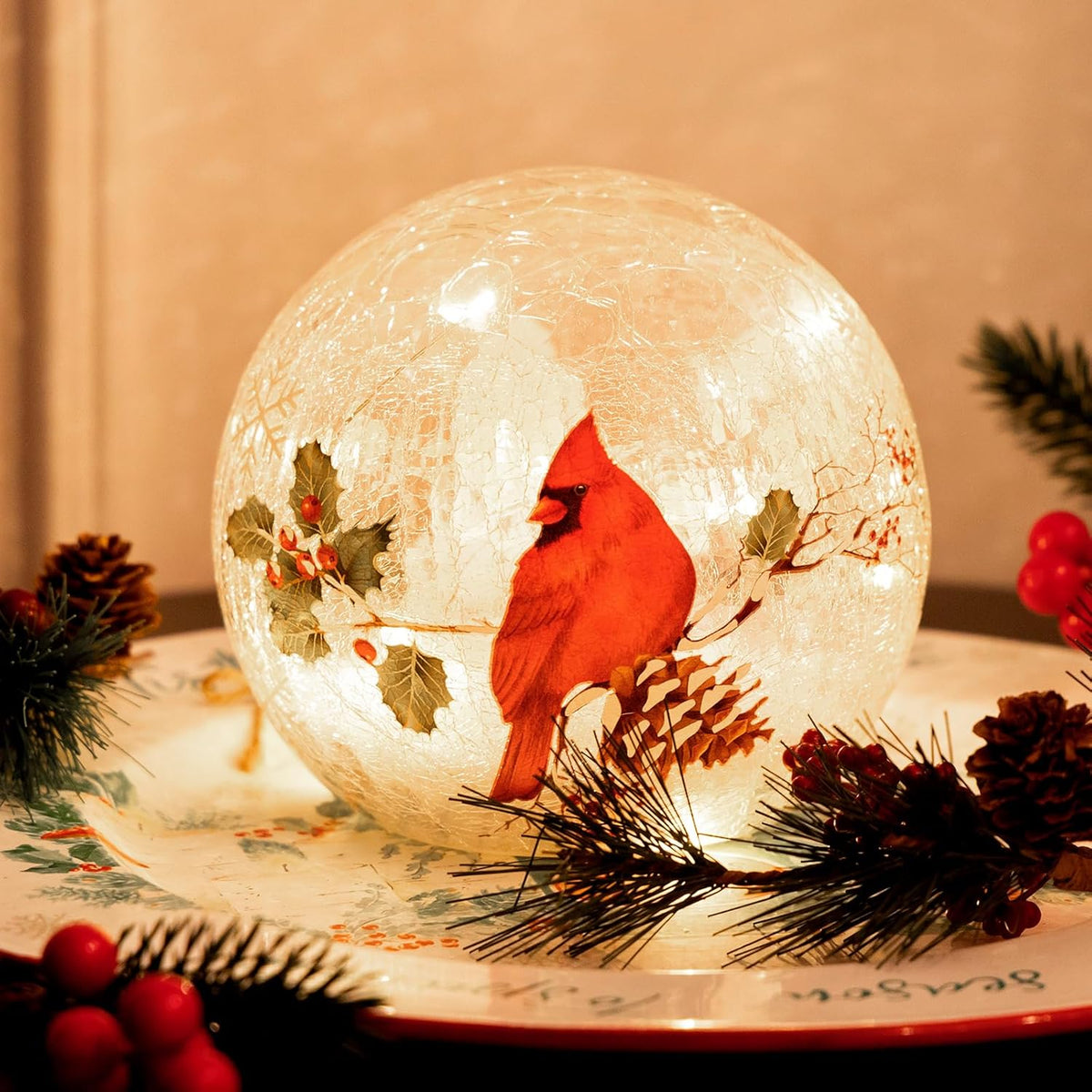 Christmas Decorations Indoor,Glass Globe Cardinal Lamp,Crackle Ball LED Lights Battery Operated,with Timer Snowflake Inside,Red Bird,Night Light for Table Decor (Large)
