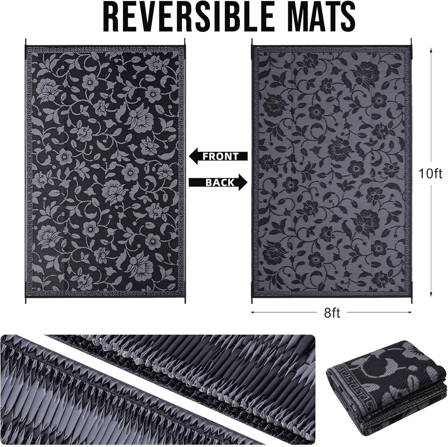 OLANLY Waterproof Outdoor Rug 8x10 ft, Outdoor Plastic Straw Rug with Flower Pattern, Reversible RV Mat for Patio, Camping, Balcony, Deck, Backyard, Black & Grey