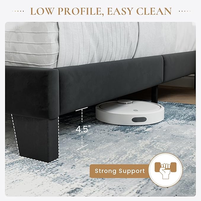 SHA CERLIN Queen Platform Bed Frame with Velvet Upholstered Headboard, Mattress Foundation with Strong Wooden Slats Support, No Box Spring Needed, Black