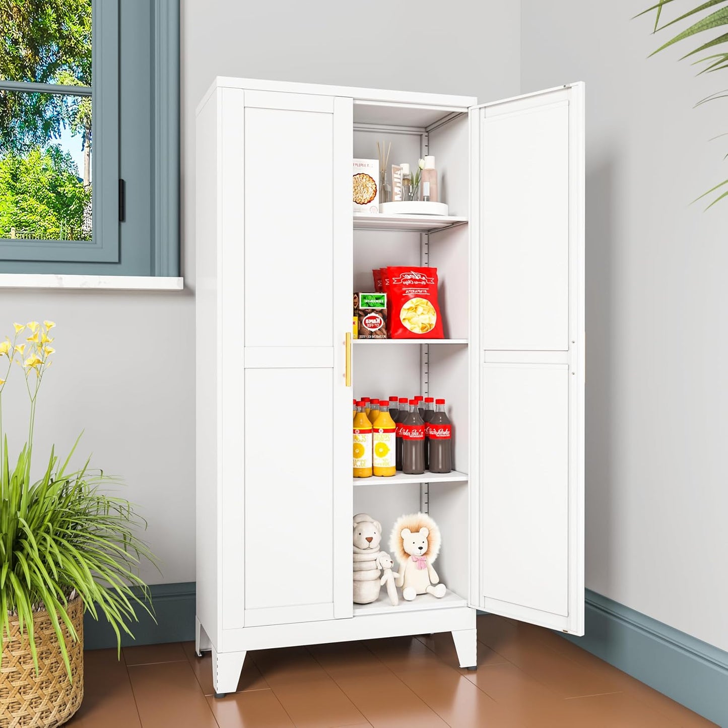 Metal Pantry Cabinet with 2 Doors and Adjustable Shelves, Kitchen Storage cabinets with Gold Handles, Versatile Storage for Laundry/Living Room,Bathroom,Dinning Room-White