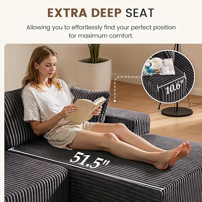 Apicizon 113" Sectional Sofa Couch for Living Room, 3 Seat Boneless Sofa with Chaise Longue, L-Shape Modular Sectional Couches with Deep Seat for Apartment，No Assembly Required (Stripe Corduroy Gray)