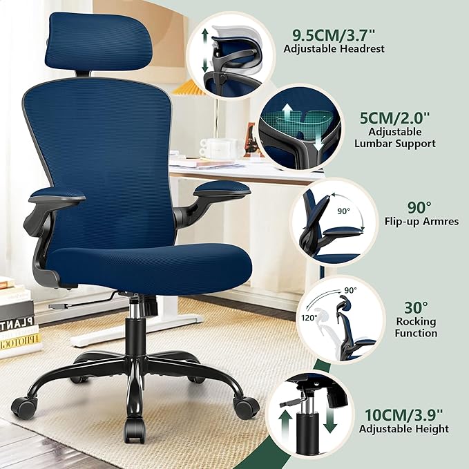 FelixKing Ergonomic Office Desk Chair with Headrest, Wheels, Adjustable Lumbar Support and Height, Swivel Comfy Task Chair with Flip-up Armrests, Ergo Mesh Backrest for Working (Navy)