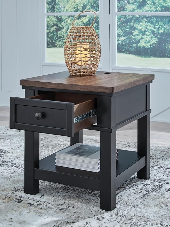 Signature Design by Ashley Wildenauer Farmhouse 1-Drawer End Table with Lower Shelf and USB Ports, Light Brown & Black