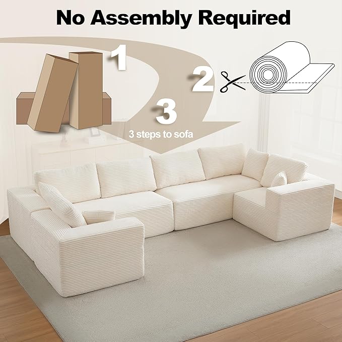 Modular Sectional Cloud Couch for Living Room,Modern Boneless Couche Set with Plush Corduroy,Comfy Floor Sofa with Memory Foam,Stupendous U Shaped Sofa,No Assembly Required,Beige