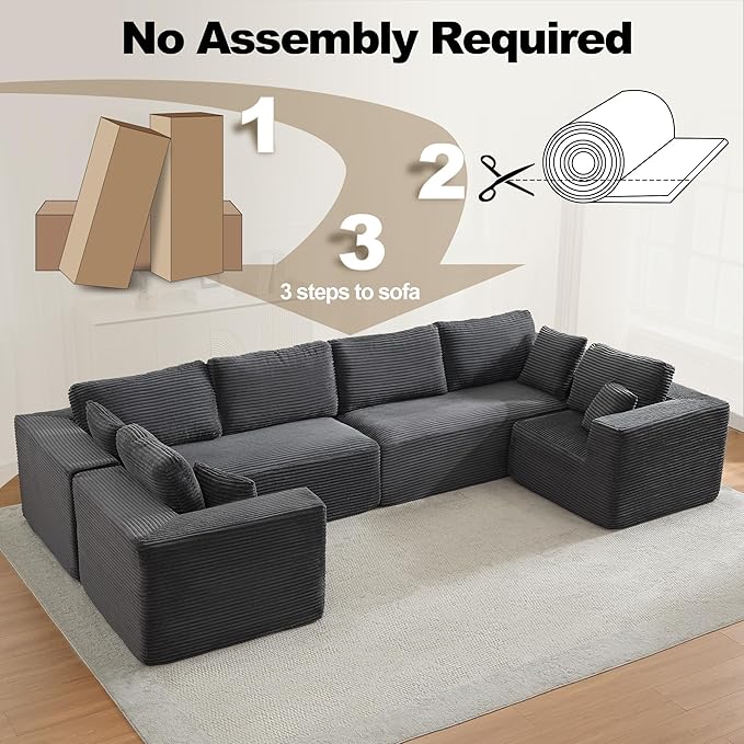 Modular Sectional Cloud Couch for Living Room,Modern Boneless Couche Set with Plush Corduroy,Comfy Floor Sofa with Memory Foam,Stupendous U Shaped Sofa,No Assembly Required,Grey