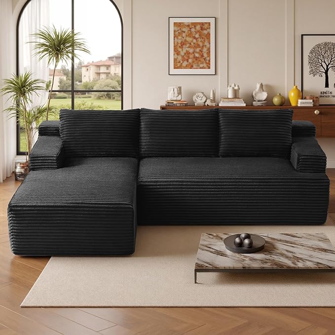 96''Sectional Couches for Living Room,Modern Modular Sectional Sofa,Upholstered Boneless Couch with Pockets,Comfy Cloud Couch with L Shaped Chaise (Black, 96''W Left Facing Chaise)