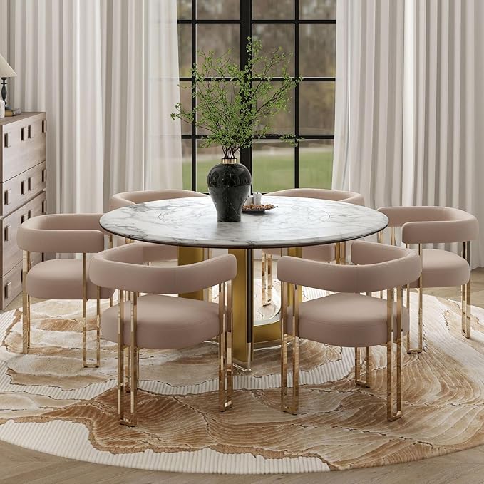 Velvet Dining Chairs Set of 2, Khaki Upholstered Barrel Armchairs with Gold Metal Legs for Kitchen Island, Mid Century Modern Accent Side Chairs for Dining Room and Living Room, Open-Back