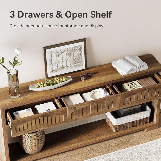 LITTLE TREE 70.8-Inch Long Console Table with 3 Drawers, Farmhouse Narrow Entryway Table for Hallway, Entry, Behind Couch, Sofa, Entrance, Living Room, Foyer with Open Shelves Rustic Brown