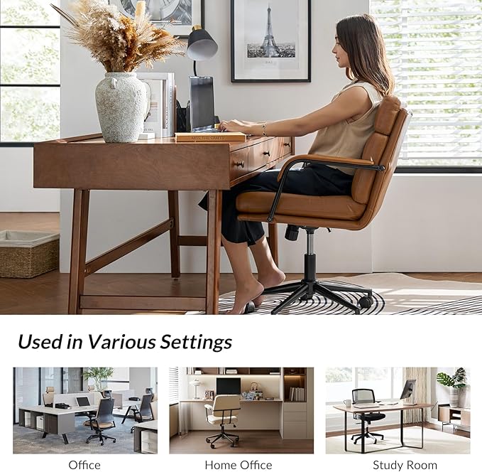 HULALA HOME Modern Faux Leather Home Office Chair with Tilt Lock & Metal Base, Desk Chair with Wheels & Padded Cushion, 360° Swivel Wide Seat Computer Task Chair, Camel