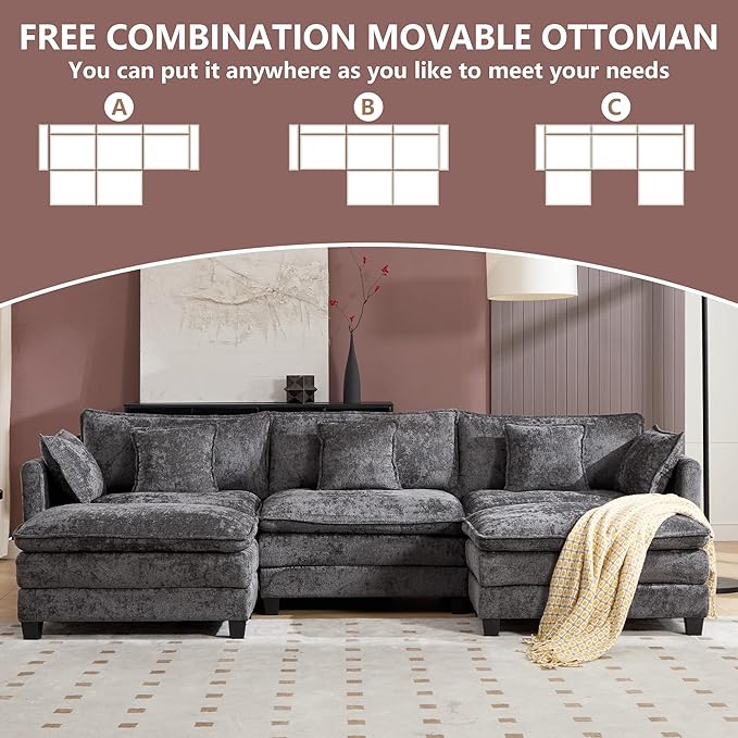 Plush Modular Cloud Sofa Set with Ottoman | L/U-Shaped Deep Seating Chenille Sectional for Family Living Room