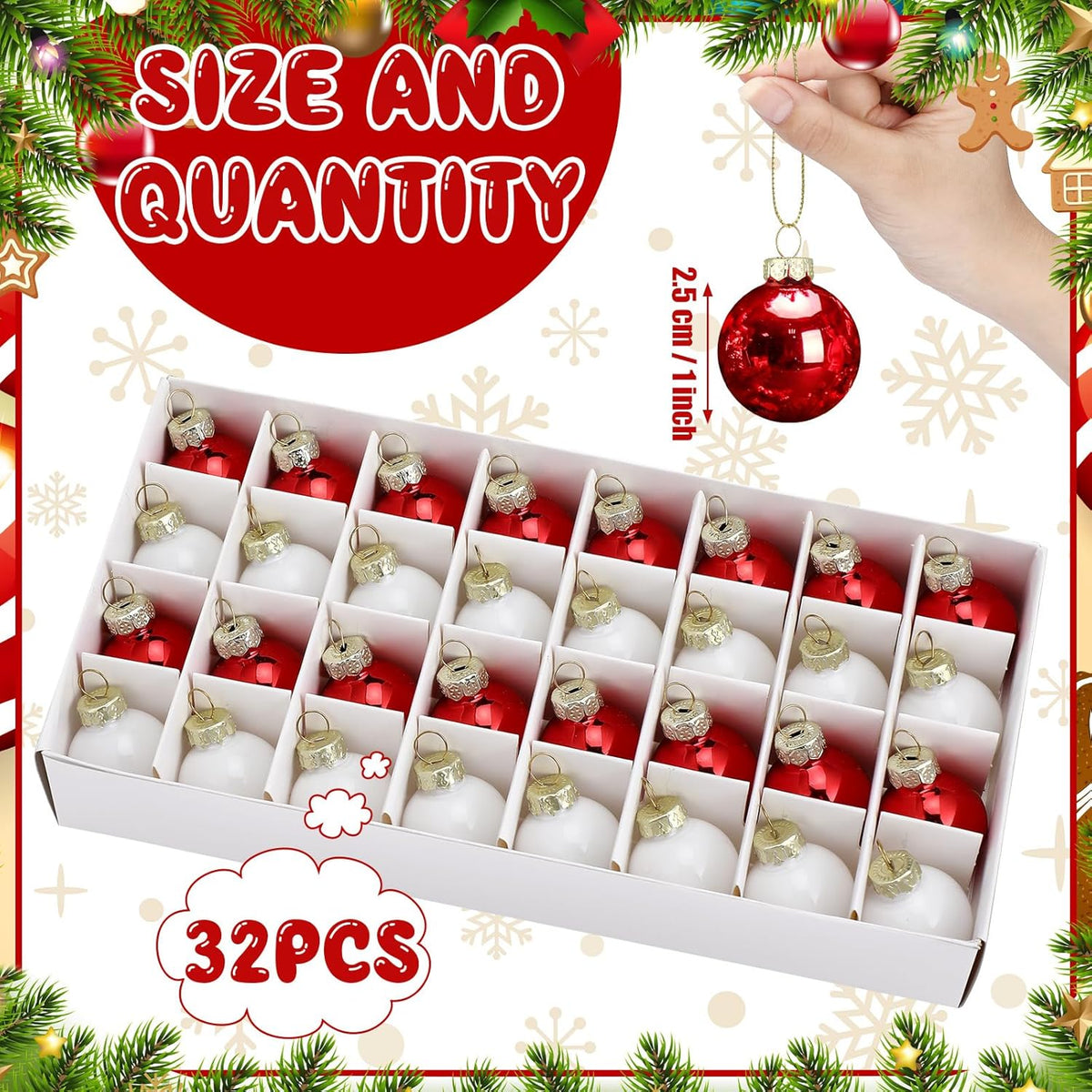 Tioncy 32 Pcs 1 Inch Mini Glass Christmas Ornaments Balls Shiny Christmas Balls Tiny Tree Hanging Decoration Small Colorful Ball Pendant for Xmas Party Supplies(Red, White)