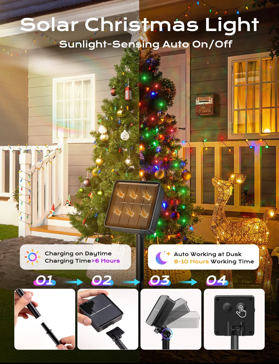 Brightown 4 Pack Solar Operated C6 Strawberry String Lights, 22.64ft 50 LEDs Multicolor LED Christmas Fairy Lights, Solar Christmas Lights Outdoor, Christmas Decorations for Christmas Tree