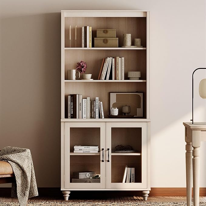 WAMPAT 5 Tier Bookshelf 72" Tall Bookcase with Glass Doors,Large Farmhouse Display Book Shelf with Adjustable Shelves and Storage Cabinet，Library Wood Bookshelves for Living Room,Kitchen, Light Oak
