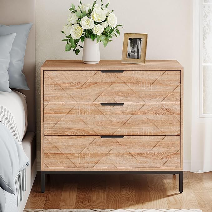 Tribesigns Wooden Nightstand Set of 2 with 3 Drawers, 31" Wide Night Stand with Metal Legs, Modern Large Bedside End Table for Bedroom, Living Room