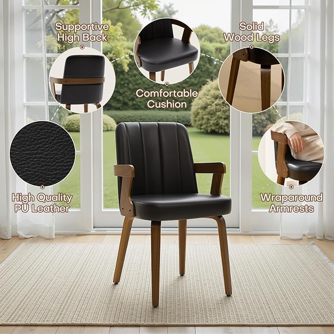 Kitchen Dining Chairs Set of 2, Faux Leather Upholstered Dining Room Chairs with Wood Arms and Legs, Mid Century Modern Kitchen Side Chair for Living, Bedroom, Restaurant, Walnut/Black